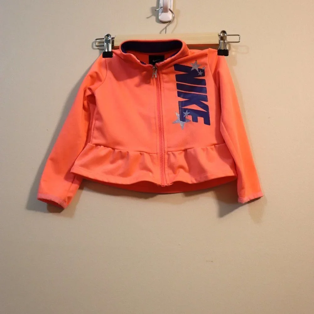 Nike Pink Zip-up Sweatshirt 2T, pink with blue writing & stars, ruffle bottom